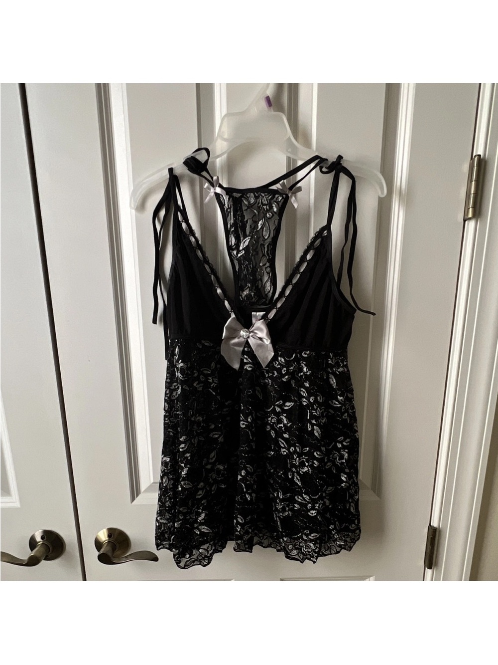 Kissable Black Lace Satin-Trim Chemise with Bow Accent Size Large